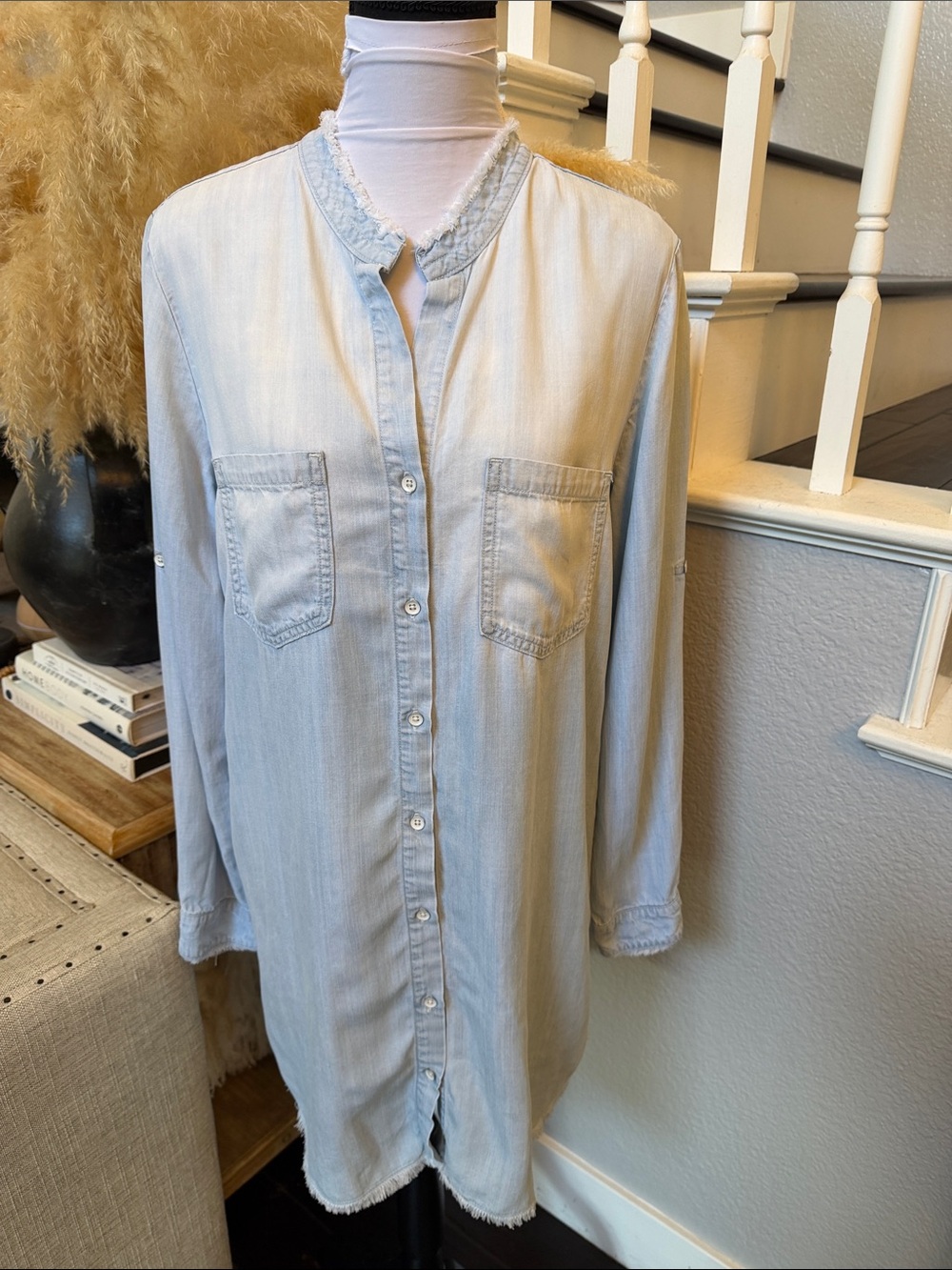 Anthropologie Cloth & Stone Denim Shirt Dress Frayed Hem Long Sleeve Size M - Picture 4 of 8